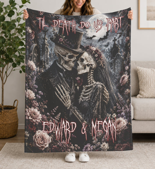Custom Personalized Creepy Skeleton Couple Funeral Floral Halloween Blanket | Til Death Do Us Part | Spooky Throw Gift | Spooky Decor