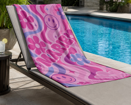 Personalized Groovy Retro Beach Towel | Girls Beach Accessories | Smile Faces and Flowers Towel | Flower Power | Summer Beach Vacation