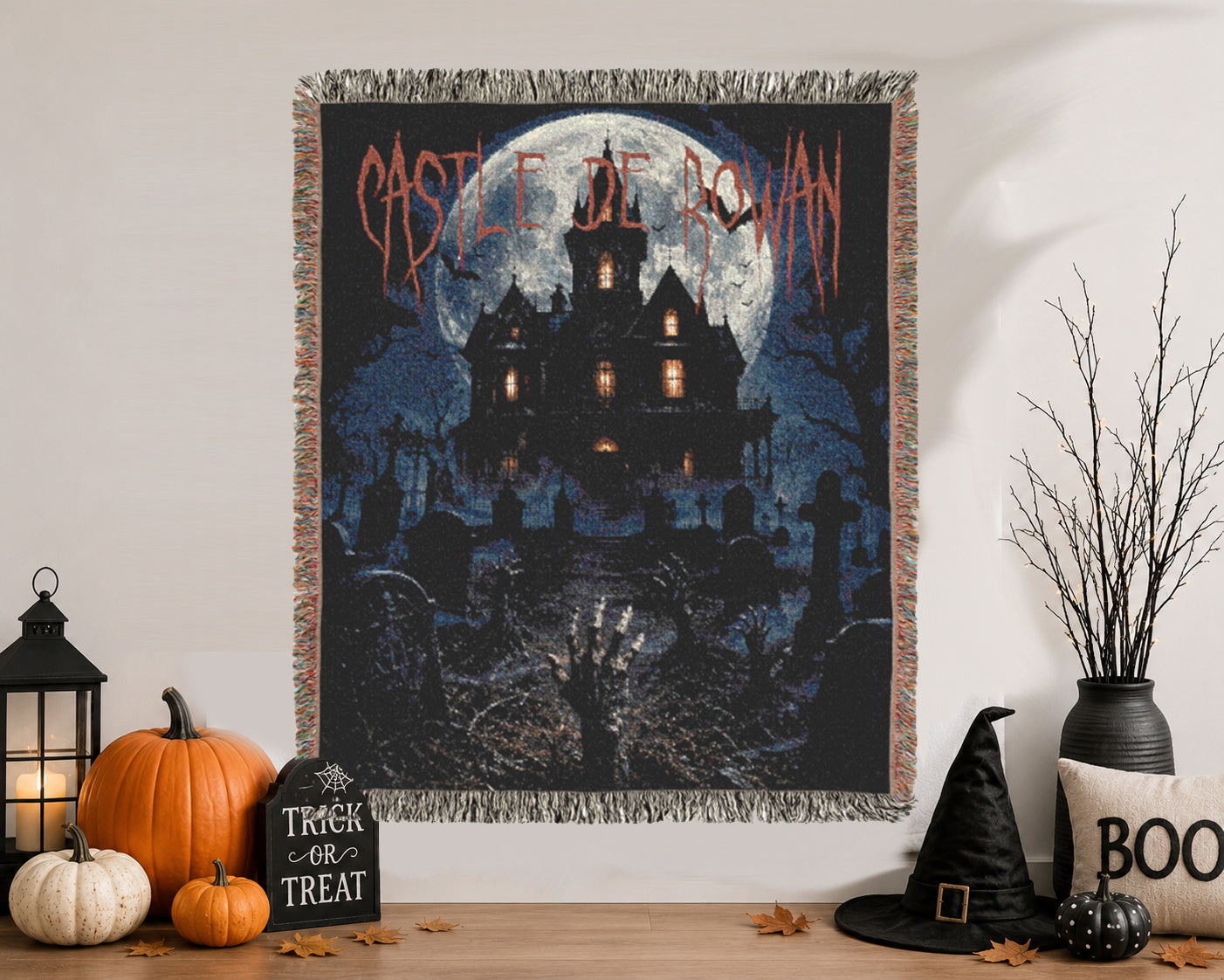 Personalized Spooky Woven Halloween Haunted House Blanket | Creepy Haunted Cemetary Fleece Throw | Eerie Macabre Gift | Fall Season Decor