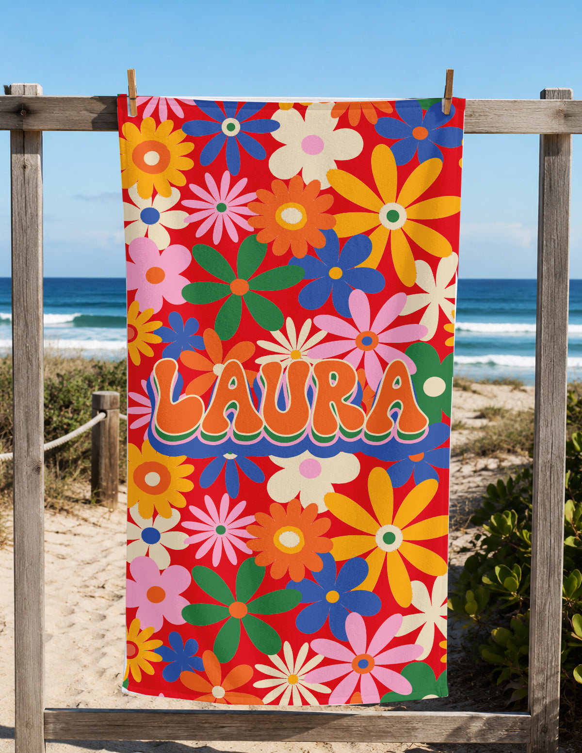 Personalized Summer Retro Floral Groovy Beach Towels | Poolside Keepsake | 1970's inspired style | Swim Team | Back to School Vacation Gift