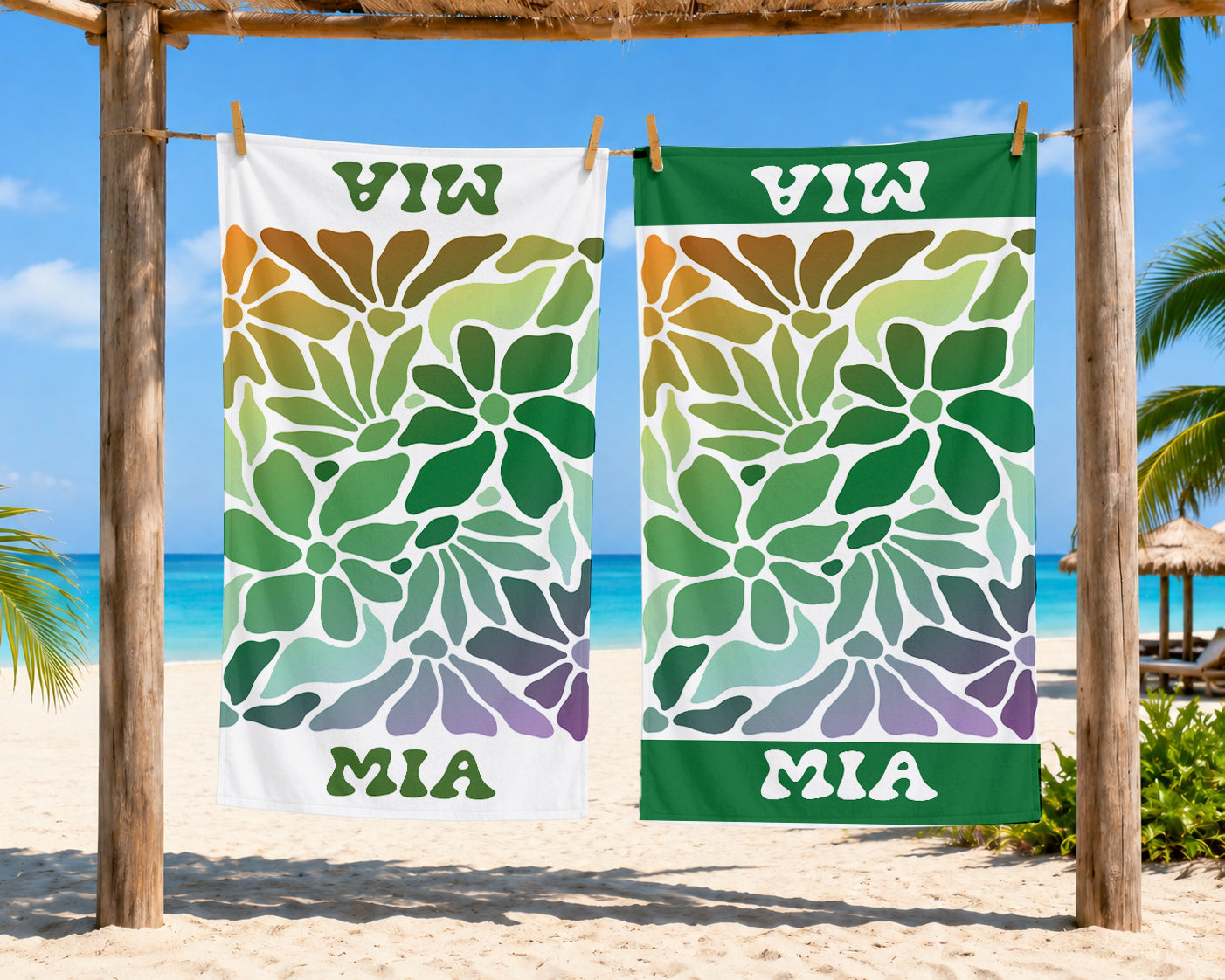 Personalized Retro Flower Watercolor Style Name Beach Towel | Floral Theme Feminine | Custom Summer Vacation Flowery Gift | Girls Beach Day