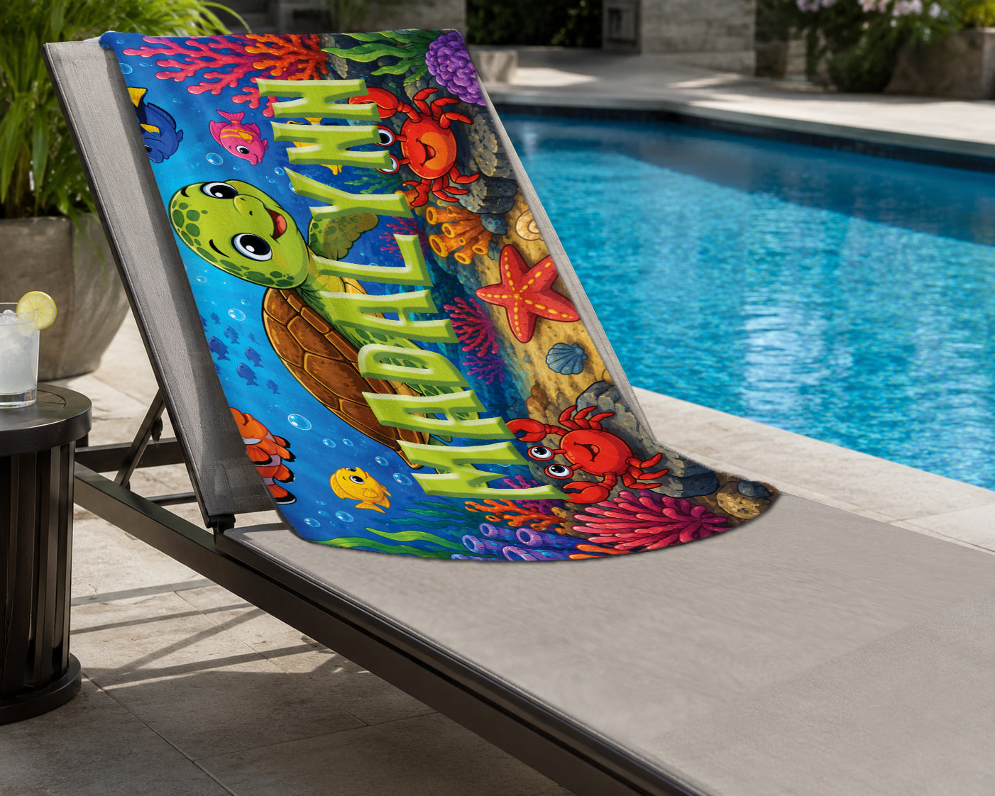Personalized Cute Sea Turtle Beach Towel | Custom Name Coral Reef Design