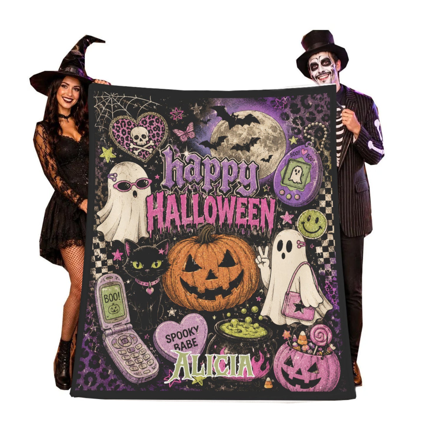 Personalized Y2K Halloween Blanket | Custom Name Happy Halloween Throw | 2000s Spooky Babe Retro Blanket | Cute Halloween Gift for Her