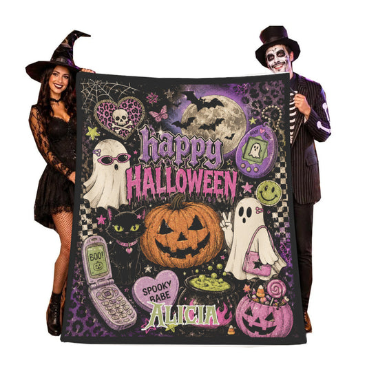 Personalized Y2K Halloween Blanket | Custom Name Happy Halloween Throw | 2000s Spooky Babe Retro Blanket | Cute Halloween Gift for Her