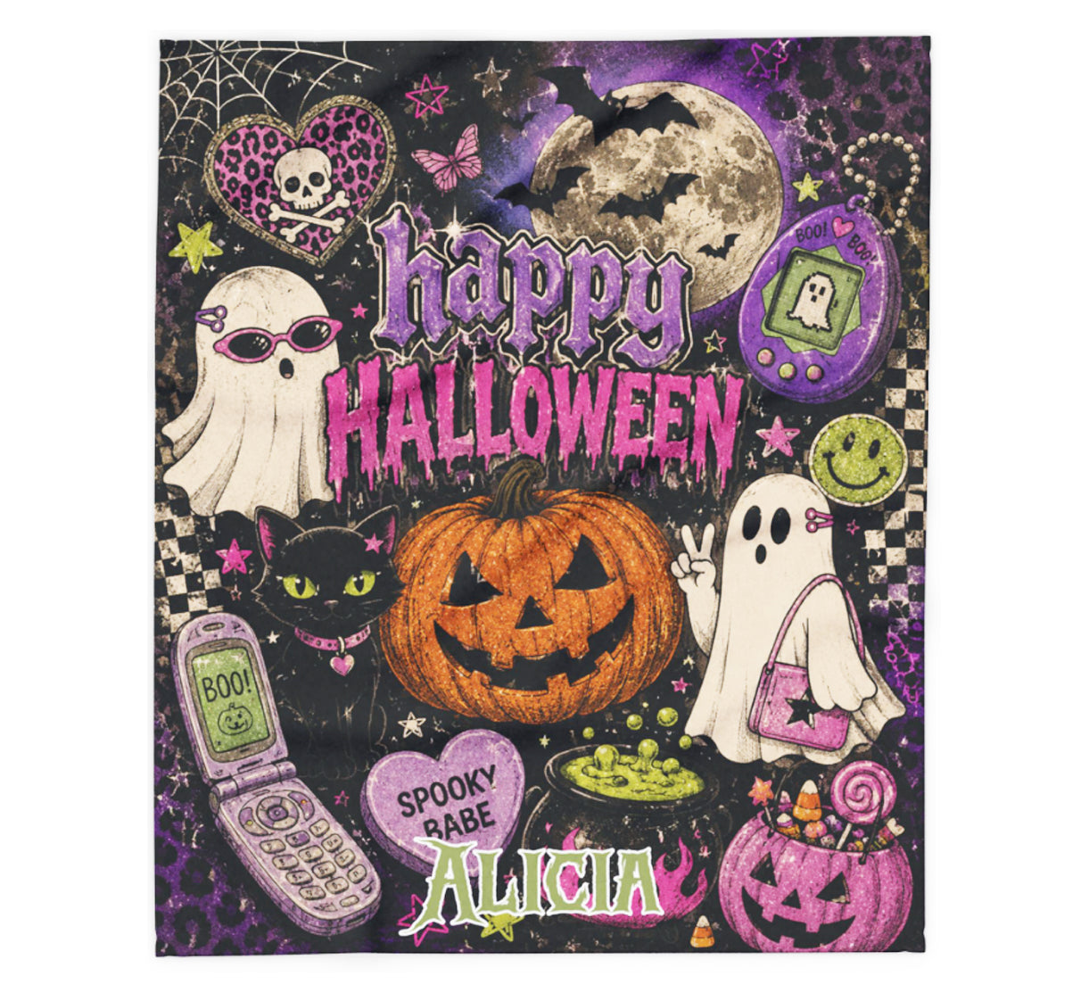 Personalized Y2K Halloween Blanket | Custom Name Happy Halloween Throw | 2000s Spooky Babe Retro Blanket | Cute Halloween Gift for Her