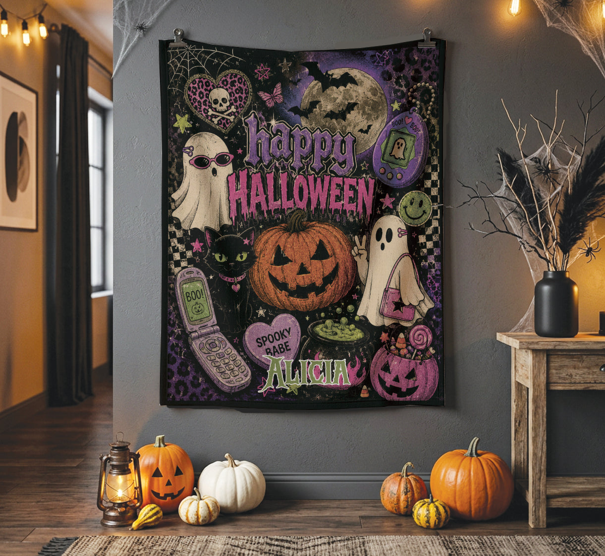 Personalized Y2K Halloween Blanket | Custom Name Happy Halloween Throw | 2000s Spooky Babe Retro Blanket | Cute Halloween Gift for Her