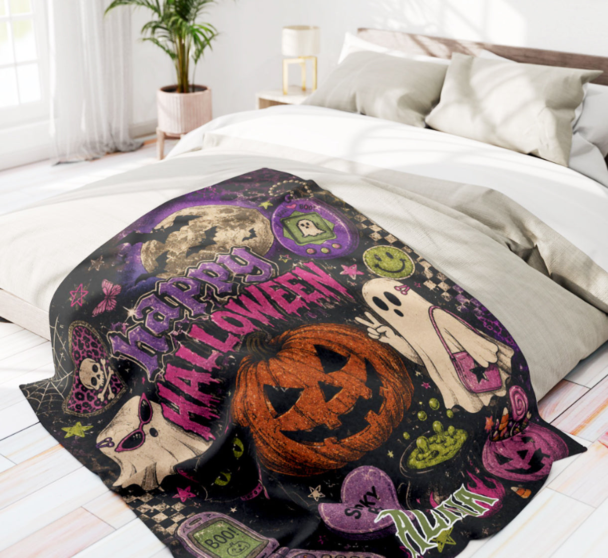 Personalized Y2K Halloween Blanket | Custom Name Happy Halloween Throw | 2000s Spooky Babe Retro Blanket | Cute Halloween Gift for Her