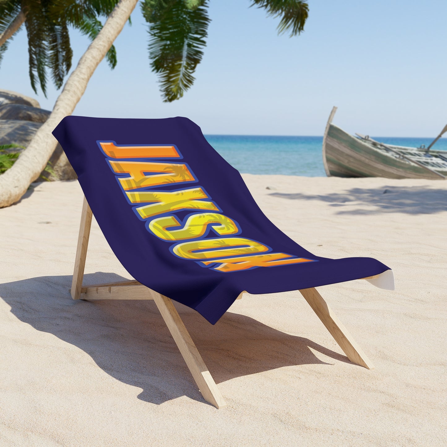 Personalized Beach Towel for Boys, Custom Name Tropical Palm Design