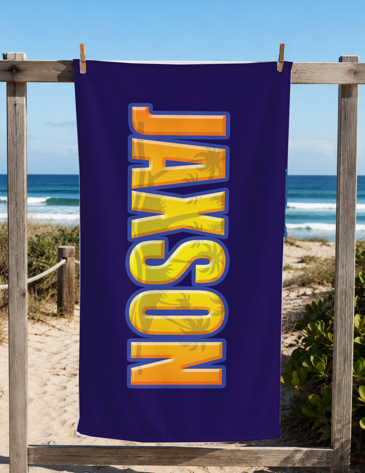 Personalized Beach Towel for Boys, Custom Name Tropical Palm Design