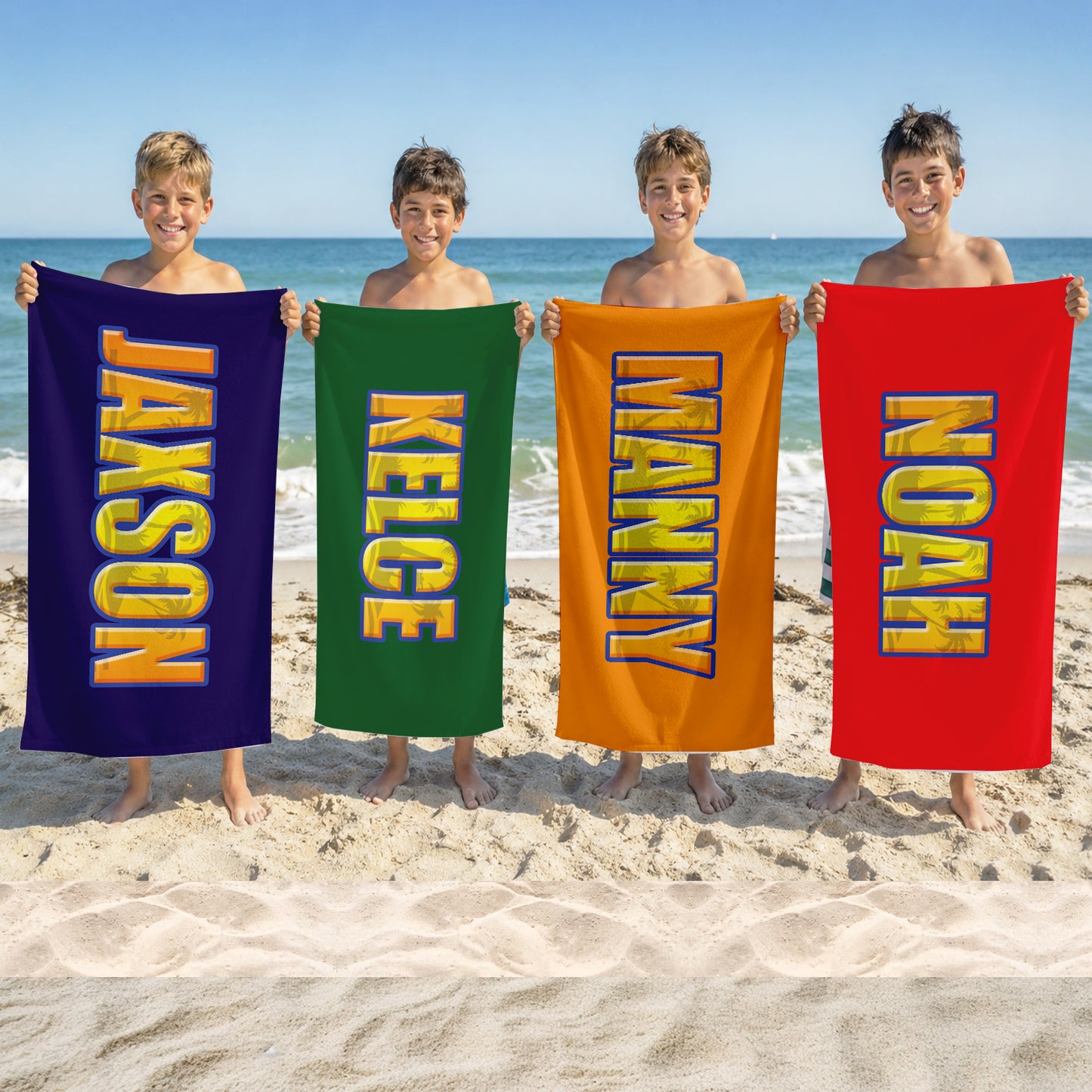 Personalized Beach Towel for Boys, Custom Name Tropical Palm Design