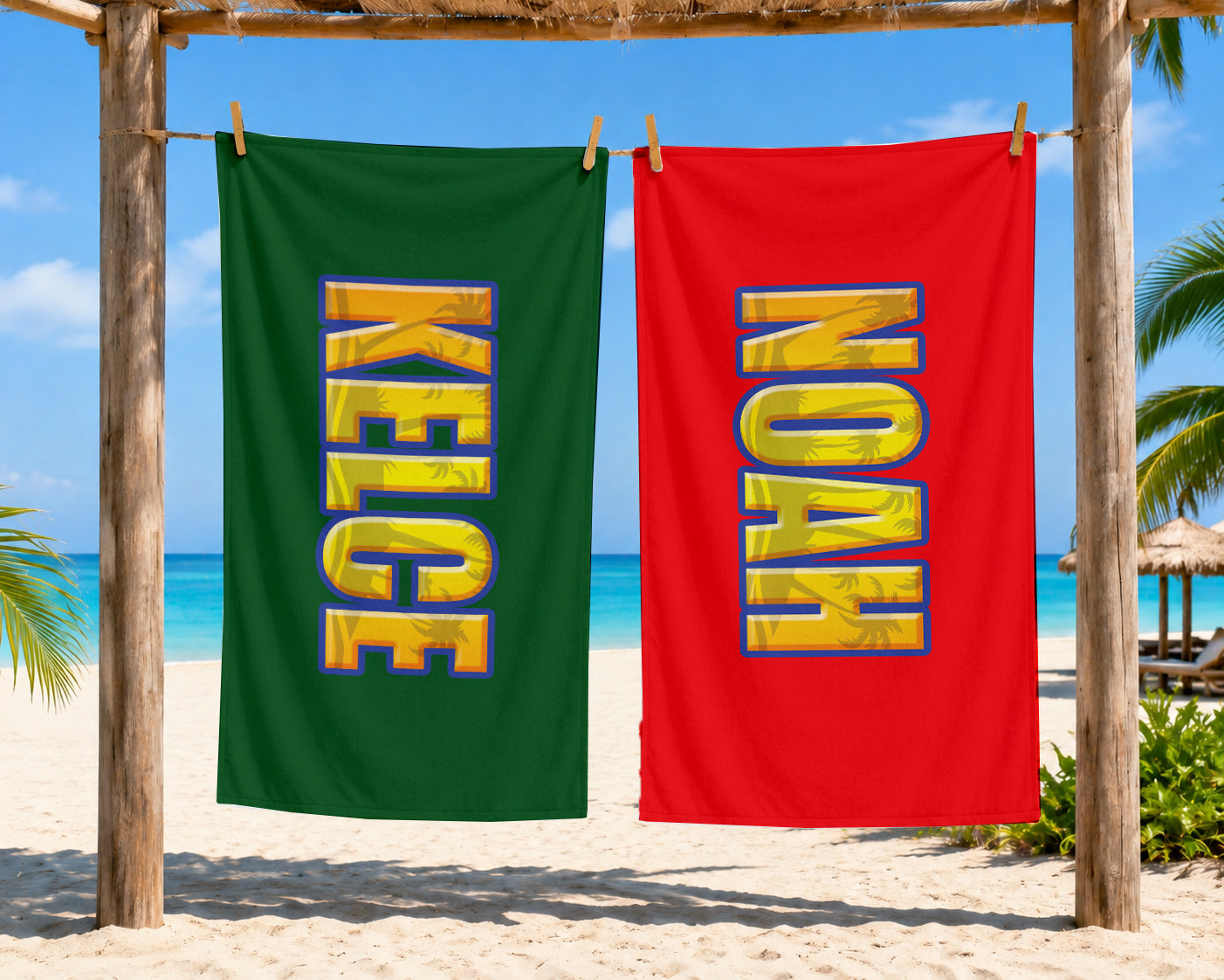 Personalized Beach Towel for Boys, Custom Name Tropical Palm Design