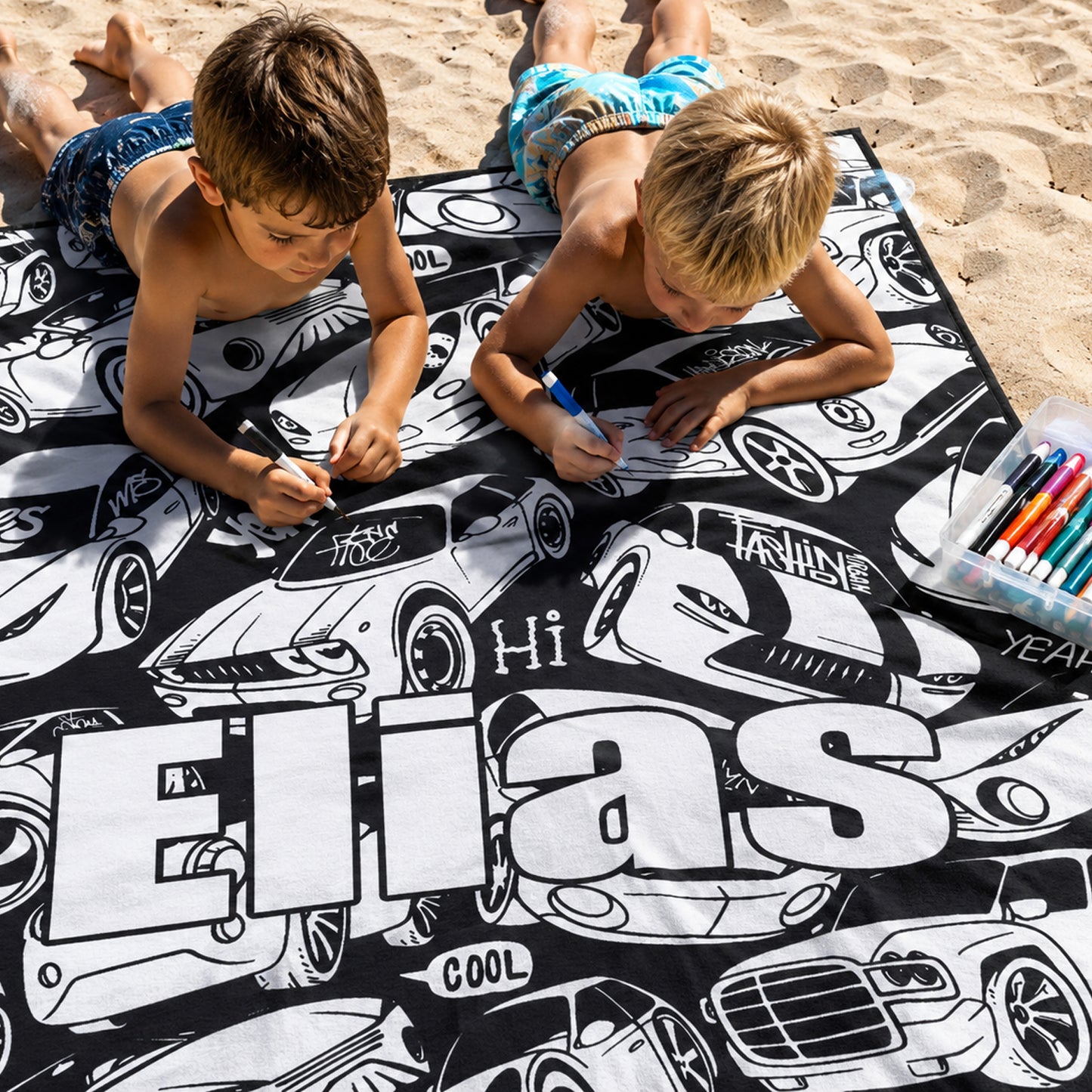 Personalized Doodle Coloring Beach Towel | Cars Design with Name | Poolside Kids Crafts | Fabric Markers | Boys Beach Day | Cars Beach Towel