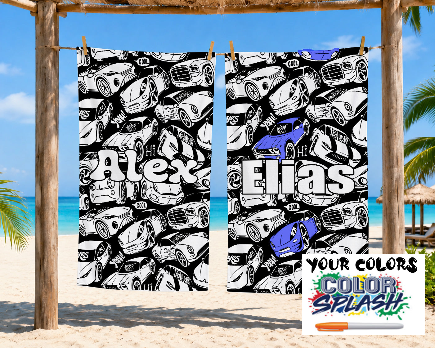 Personalized Doodle Coloring Beach Towel | Cars Design with Name | Poolside Kids Crafts | Fabric Markers | Boys Beach Day | Cars Beach Towel