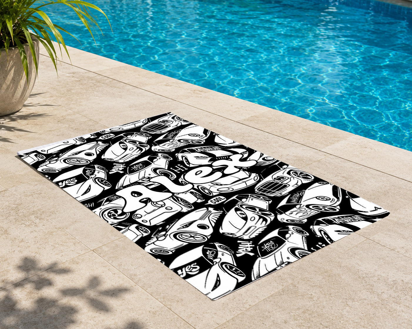 Personalized Doodle Coloring Beach Towel | Cars Design with Name | Poolside Kids Crafts | Fabric Markers | Boys Beach Day | Cars Beach Towel