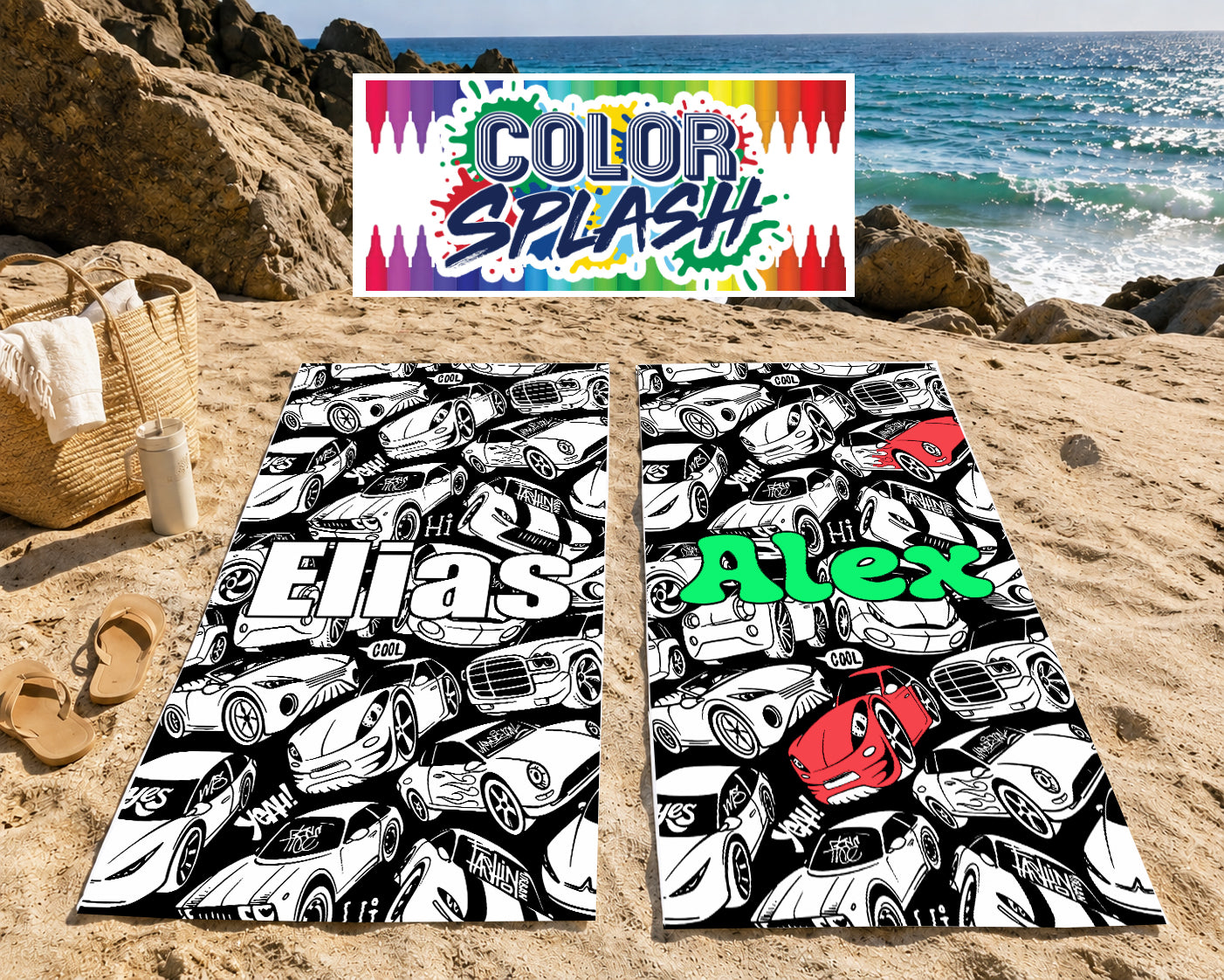 Personalized Doodle Coloring Beach Towel | Cars Design with Name | Poolside Kids Crafts | Fabric Markers | Boys Beach Day | Cars Beach Towel