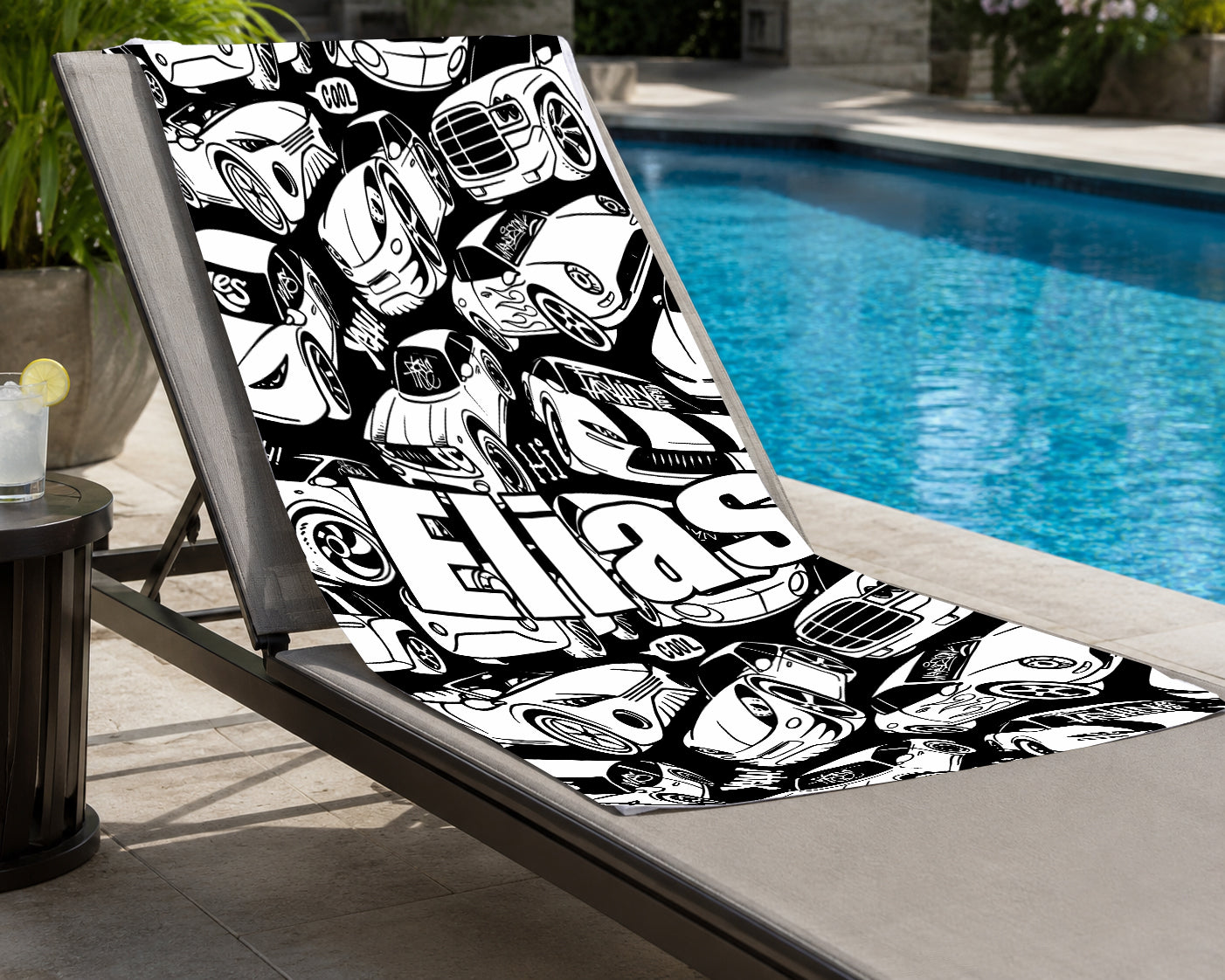 Personalized Doodle Coloring Beach Towel | Cars Design with Name | Poolside Kids Crafts | Fabric Markers | Boys Beach Day | Cars Beach Towel