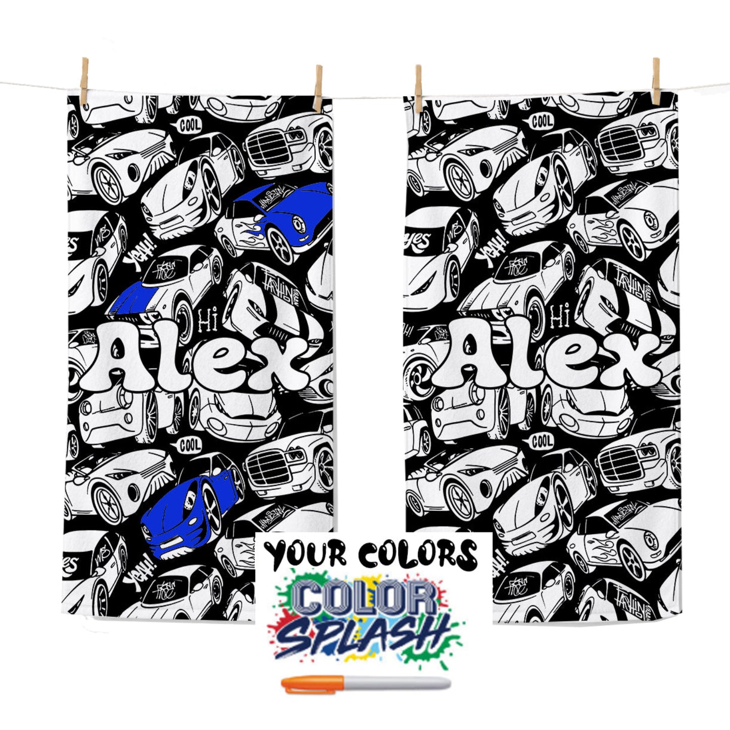Personalized Doodle Coloring Beach Towel | Cars Design
