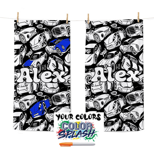 Personalized Doodle Coloring Beach Towel | Cars Design with Name | Poolside Kids Crafts | Fabric Markers | Boys Beach Day | Cars Beach Towel