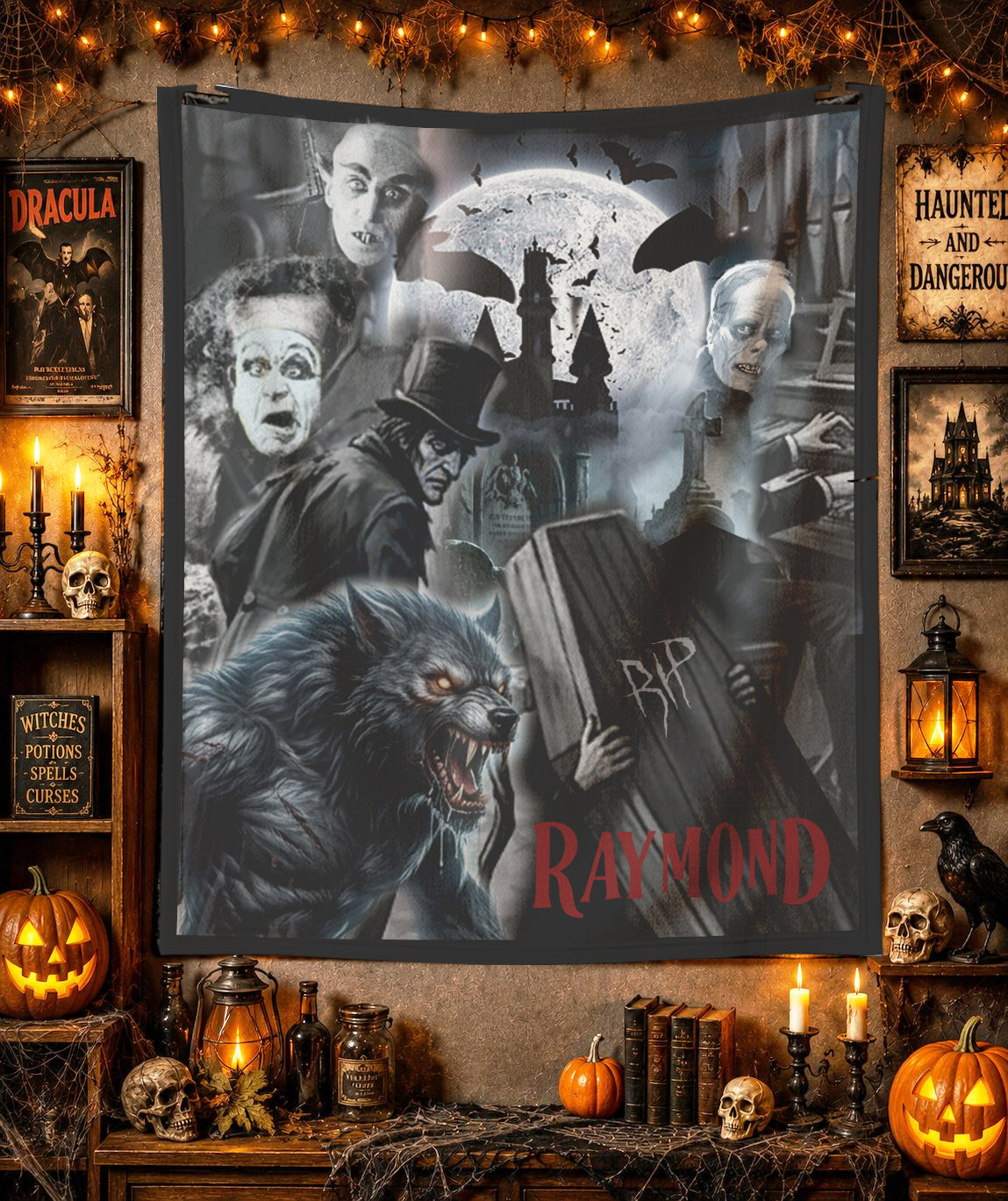 Optional Personalized Halloween Classic Horror Movie Lovers Blanket | Scary Film Genre Collage Throw Gift | Fall Season Tapestry Decor