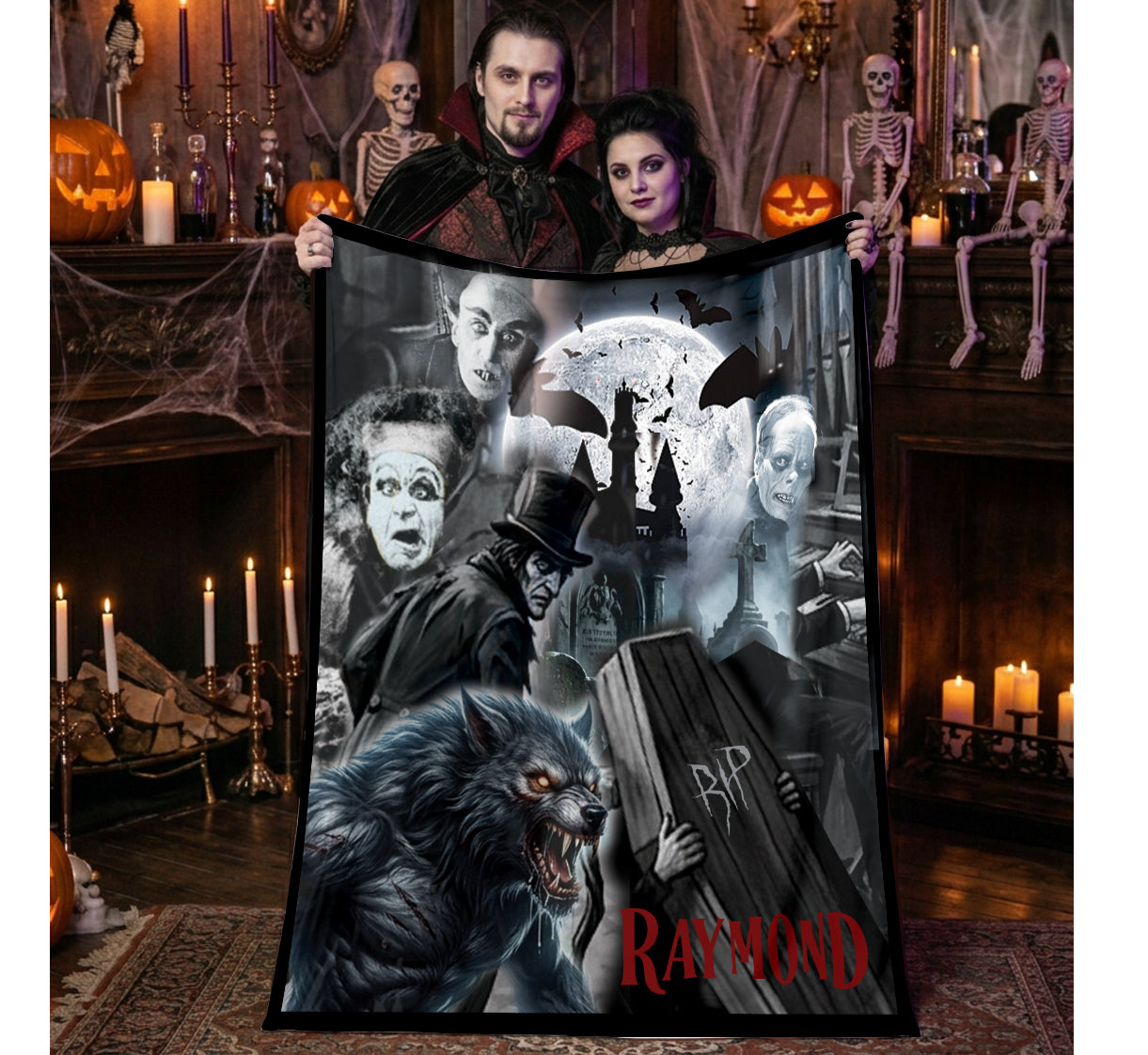 Optional Personalized Halloween Classic Horror Movie Lovers Blanket | Scary Film Genre Collage Throw Gift | Fall Season Tapestry Decor
