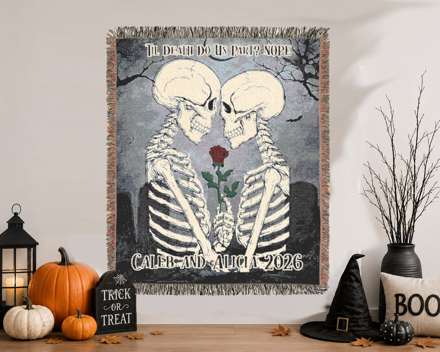 Personalized Skeleton Couple Halloween Blanket | Til Death Do Us Part | Gothic Throw Gift | Skeleton Lovers | Spooky Home Decor | Fall Decor
