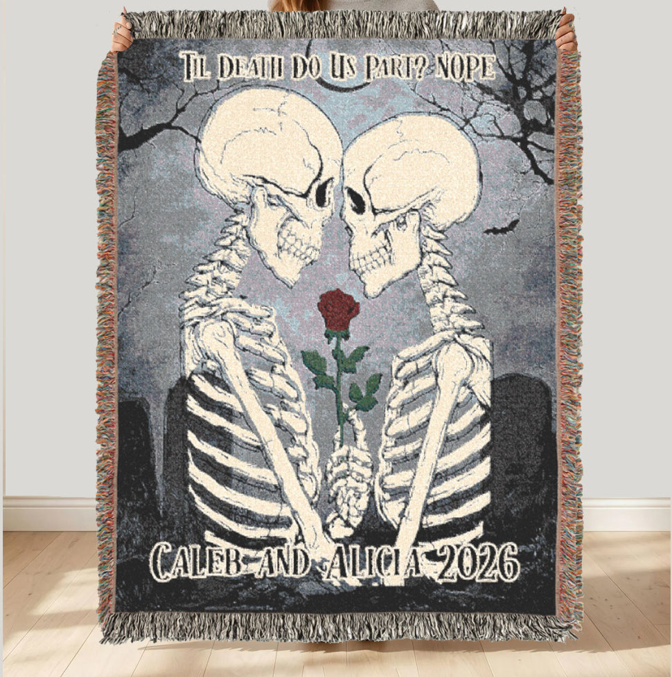 Personalized Skeleton Couple Halloween Blanket | Til Death Do Us Part | Gothic Throw Gift | Skeleton Lovers | Spooky Home Decor | Fall Decor