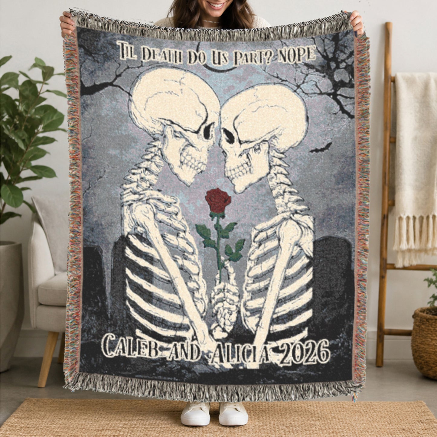 Personalized Skeleton Couple Halloween Blanket | Til Death Do Us Part | Gothic Throw Gift | Skeleton Lovers | Spooky Home Decor | Fall Decor