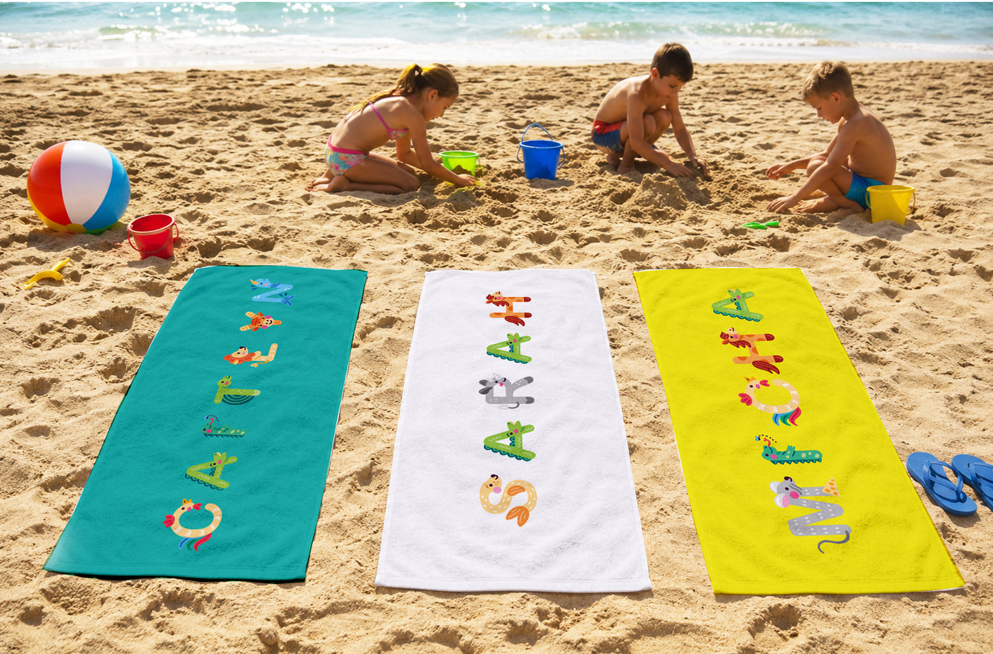 Personalized Animal Alphabet Beach Towel | Custom Name Kids Towel