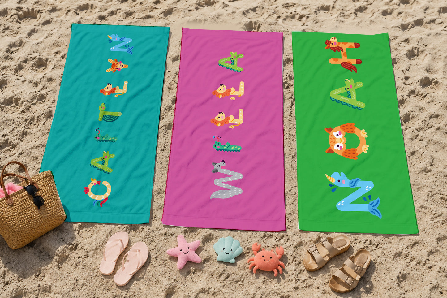 Personalized Animal Alphabet Beach Towel | Custom Name Kids Towel