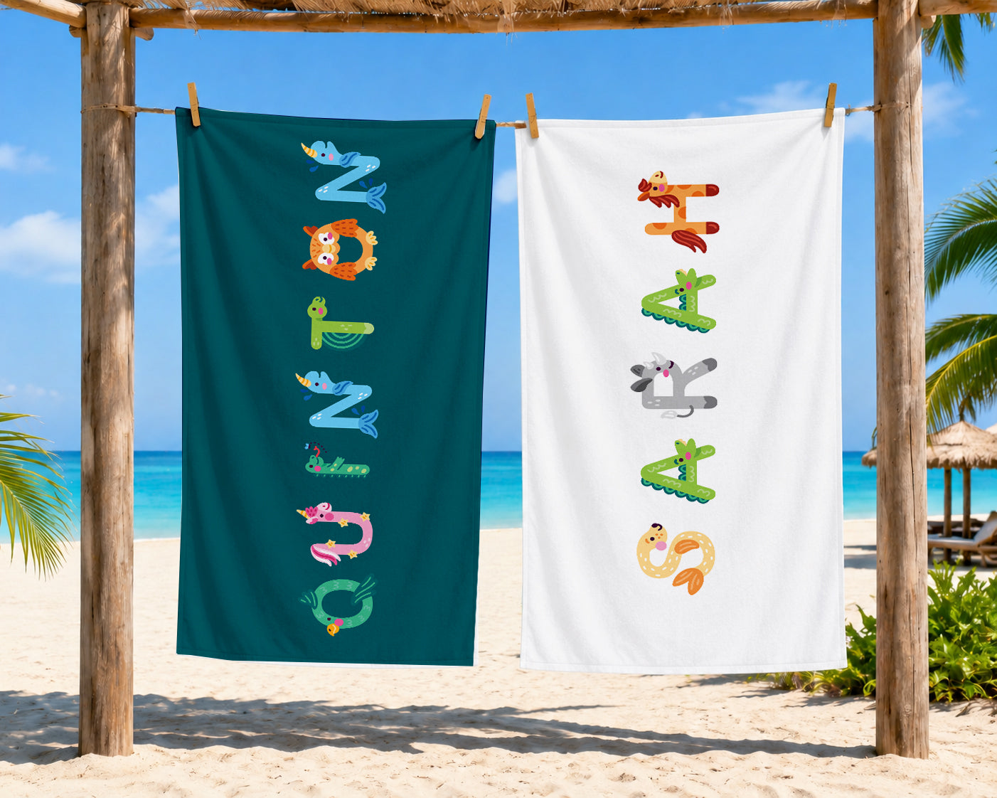 Personalized Animal Alphabet Beach Towel | Custom Name Kids Towel