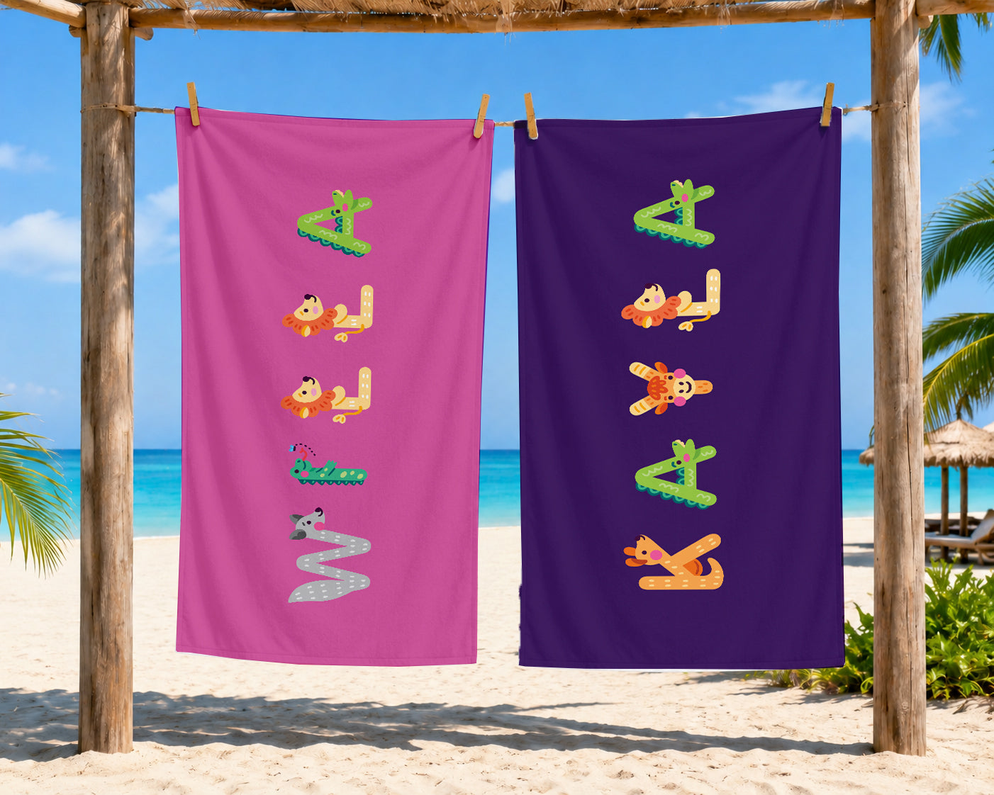 Personalized Animal Alphabet Beach Towel | Custom Name Kids Towel