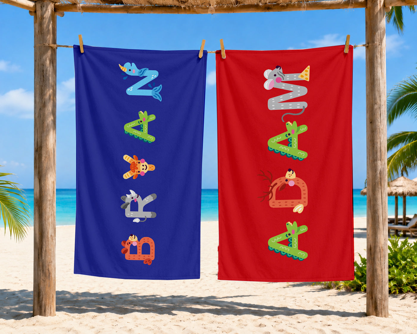 Personalized Animal Alphabet Beach Towel | Custom Name Kids Towel