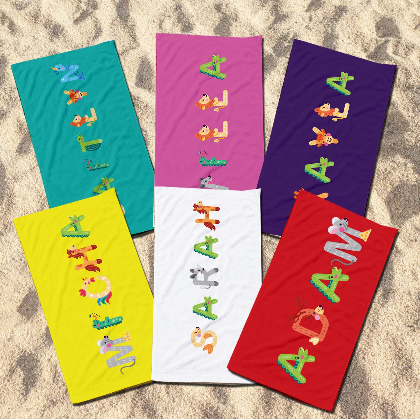Personalized Animal Alphabet Beach Towel | Custom Name Kids Towel