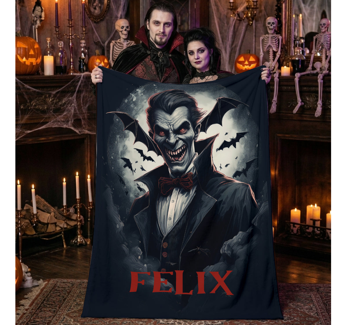 Personalized Vampire Blanket | Custom Name Halloween Throw Blanket | Gothic Dracula Bat Blanket | Spooky Season Gift for Him Her