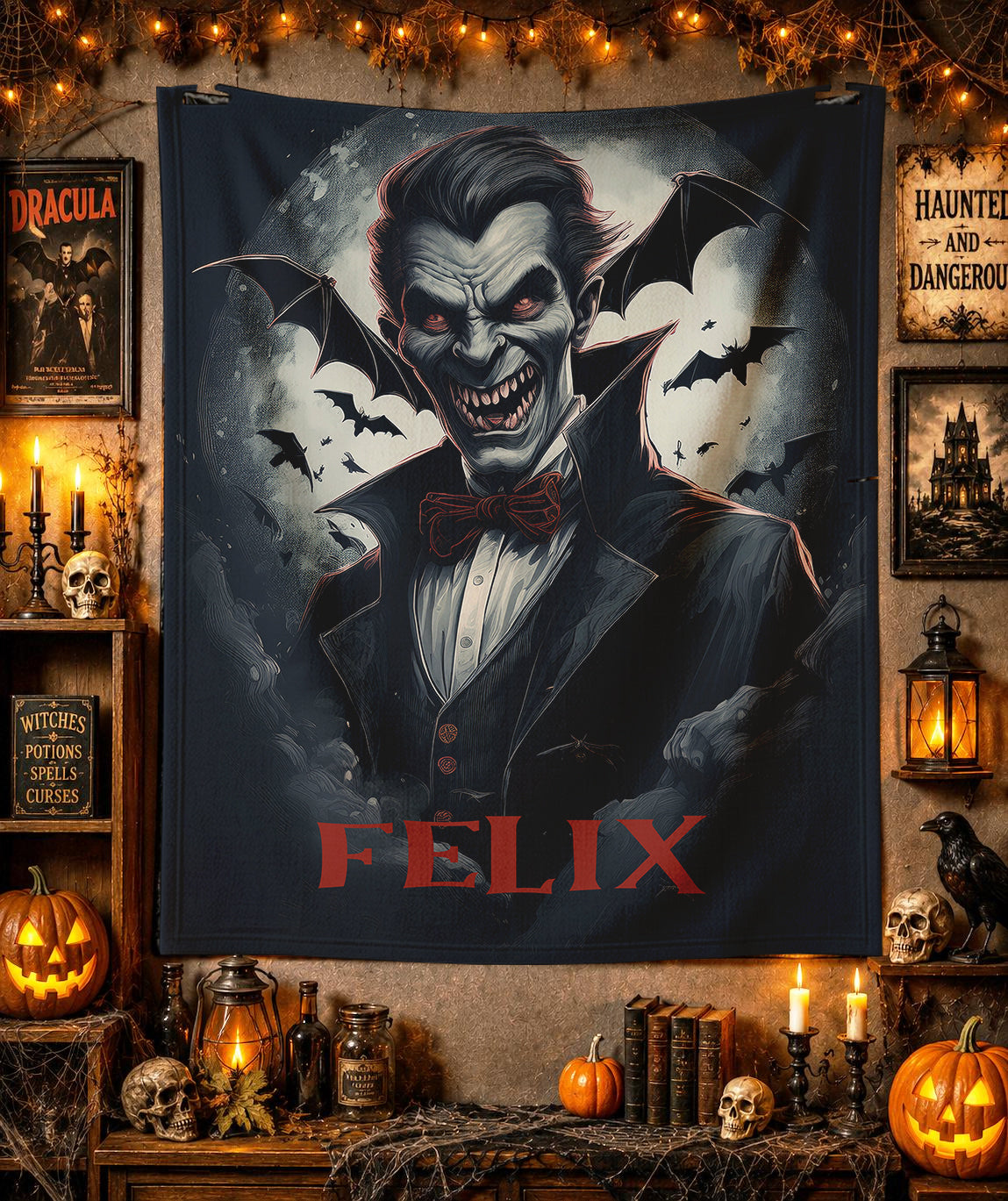 Personalized Vampire Blanket | Custom Name Halloween Throw Blanket | Gothic Dracula Bat Blanket | Spooky Season Gift for Him Her