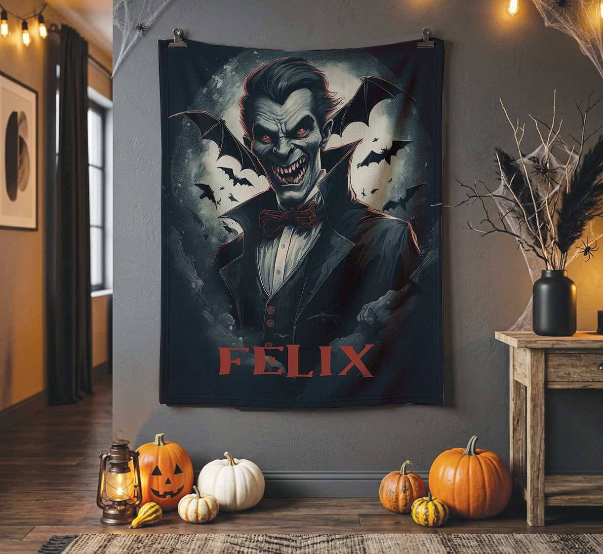 Personalized Vampire Blanket | Custom Name Halloween Throw Blanket | Gothic Dracula Bat Blanket | Spooky Season Gift for Him Her