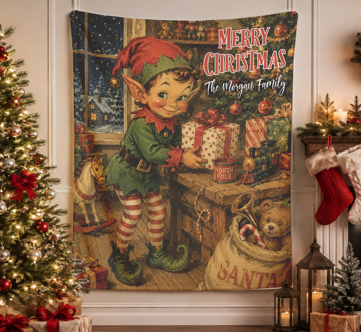 Personalized Vintage Elf Postcard Style Christmas Blanket