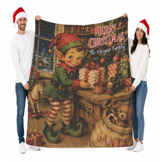 Personalized Christmas Blanket | Custom Vintage Santa Elf Throw | Nostalgic Holiday Decor | Cozy Family Name Blanket | Rustic Christmas Gift