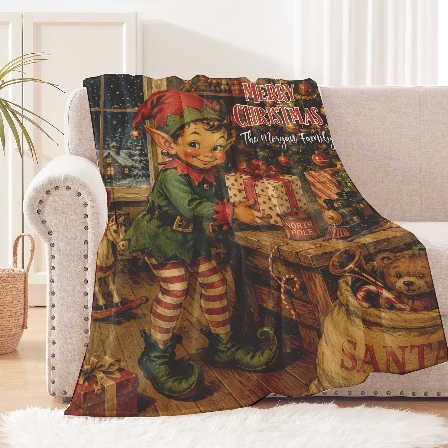 Personalized Vintage Elf Postcard Style Christmas Blanket