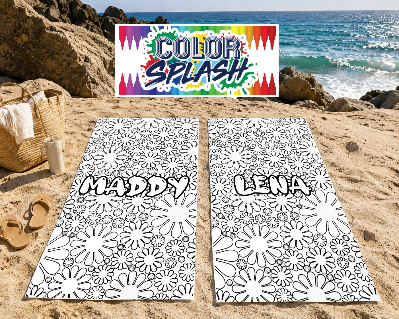 Personalized Coloring Doodle Coloring Beach Towel | Flower Design with Name | Poolside Kids Crafts | Fabric Markers | Girls Beach Day