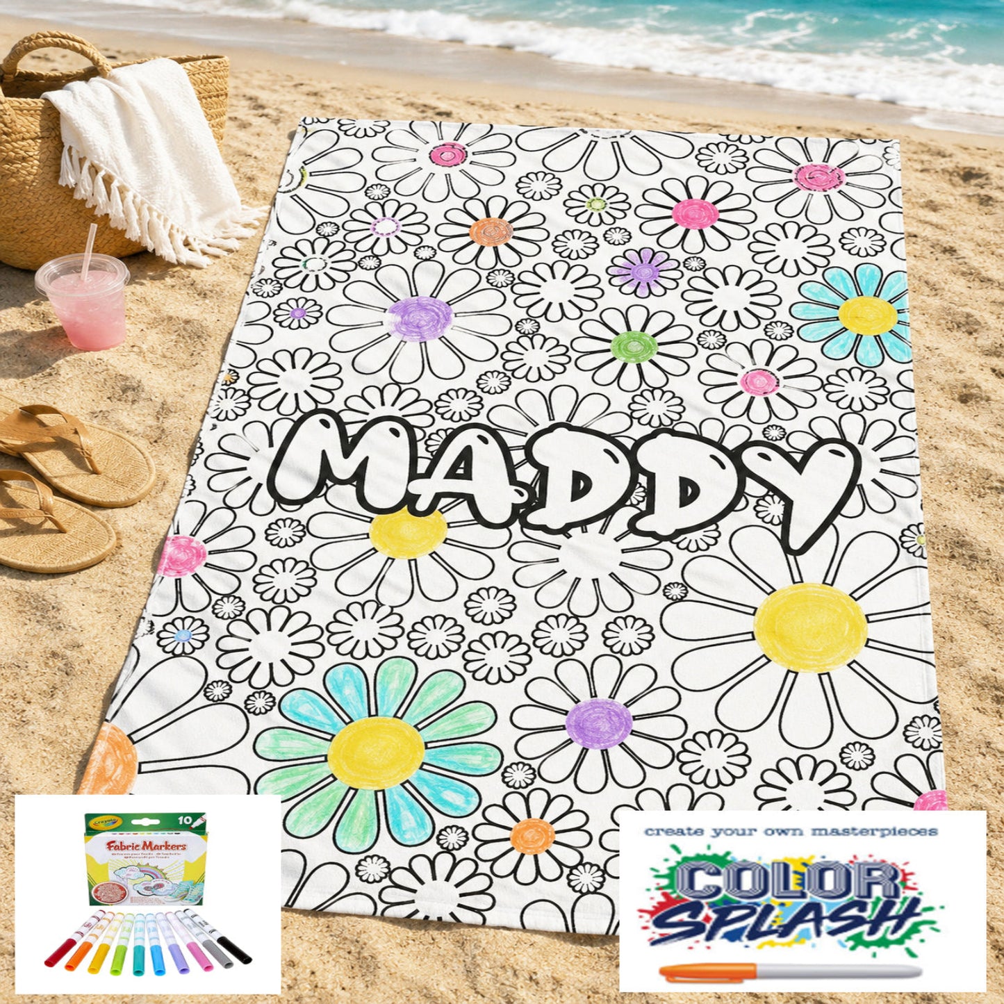 Personalized Coloring Doodle Coloring Beach Towel | Flower Design with Name | Poolside Kids Crafts | Fabric Markers | Girls Beach Day