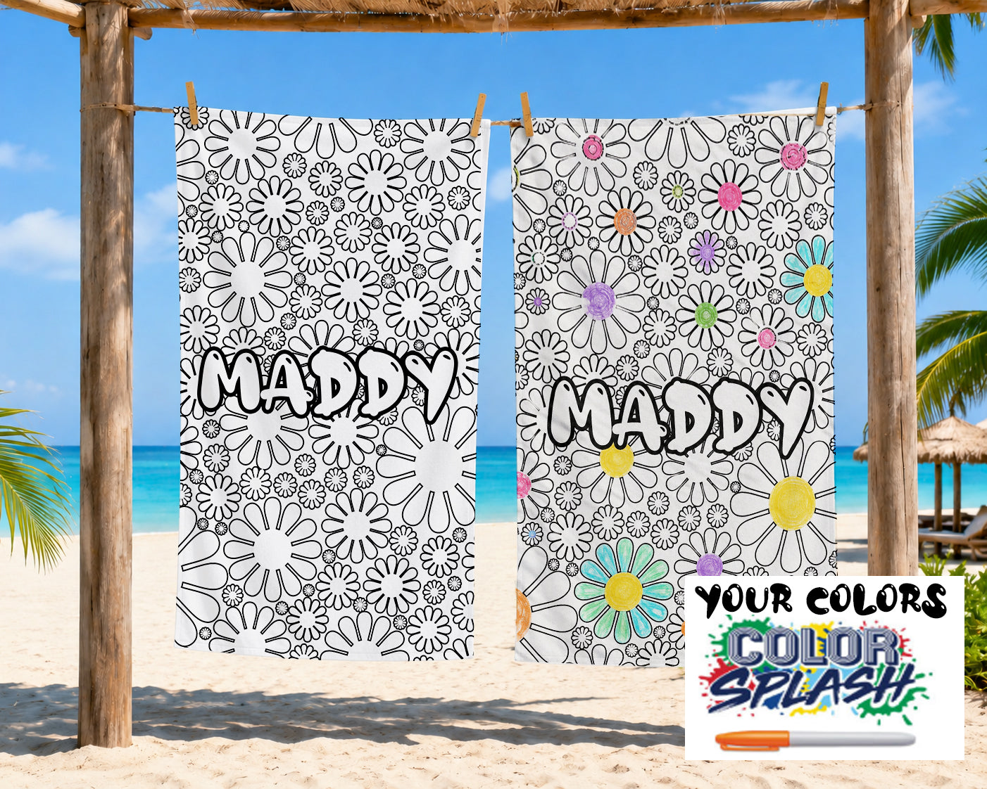 Personalized Coloring Doodle Coloring Beach Towel | Flower Design with Name | Poolside Kids Crafts | Fabric Markers | Girls Beach Day