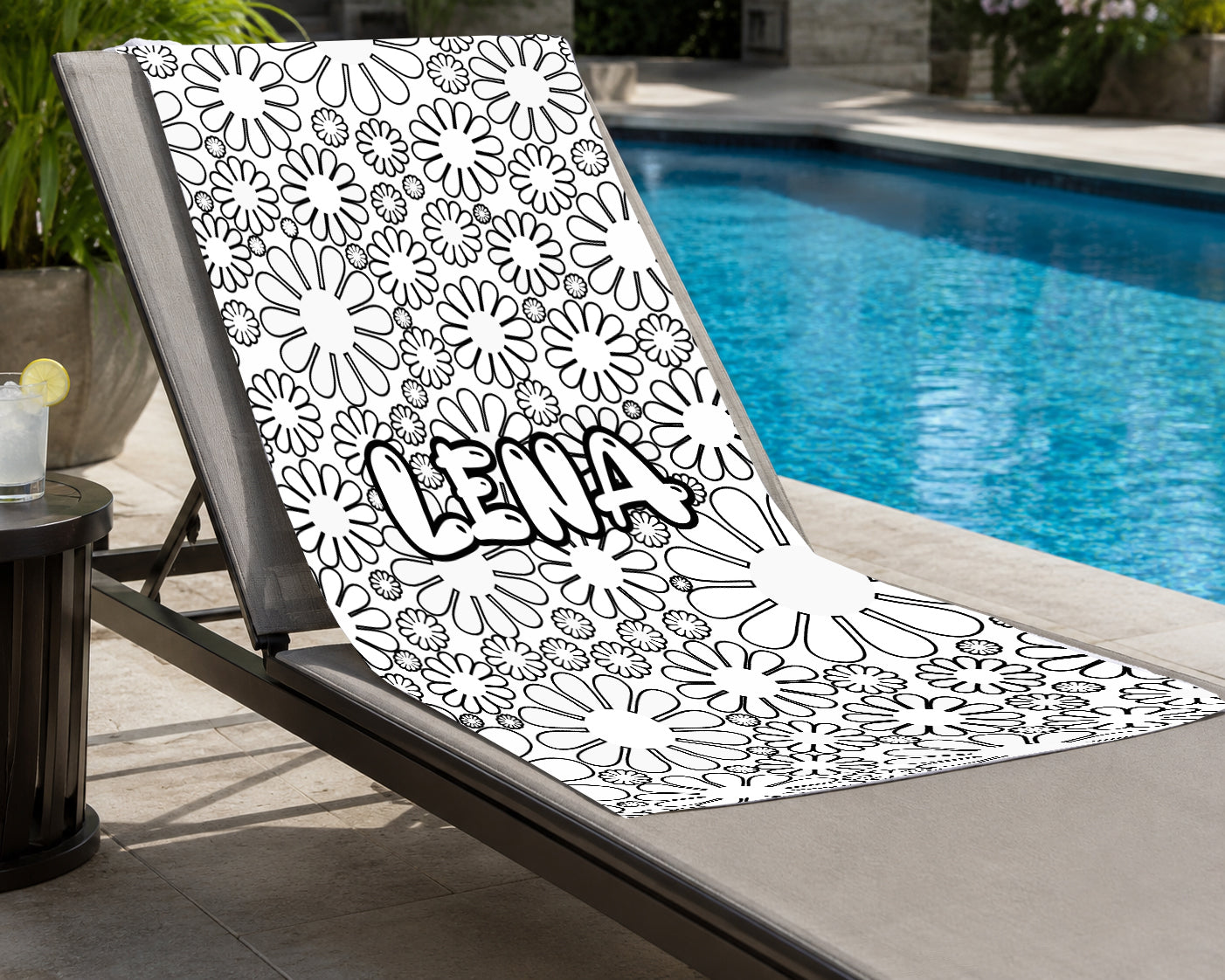 Personalized Coloring Doodle Coloring Beach Towel | Flower Design with Name | Poolside Kids Crafts | Fabric Markers | Girls Beach Day
