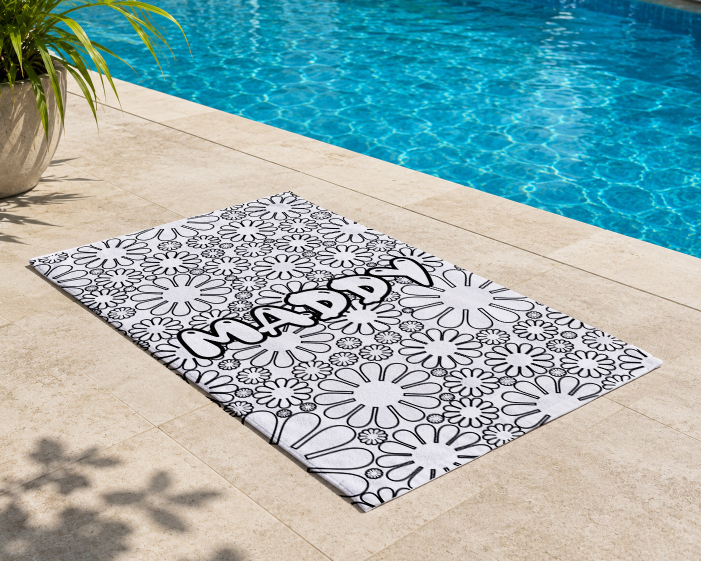 Personalized Coloring Doodle Coloring Beach Towel | Flower Design with Name | Poolside Kids Crafts | Fabric Markers | Girls Beach Day