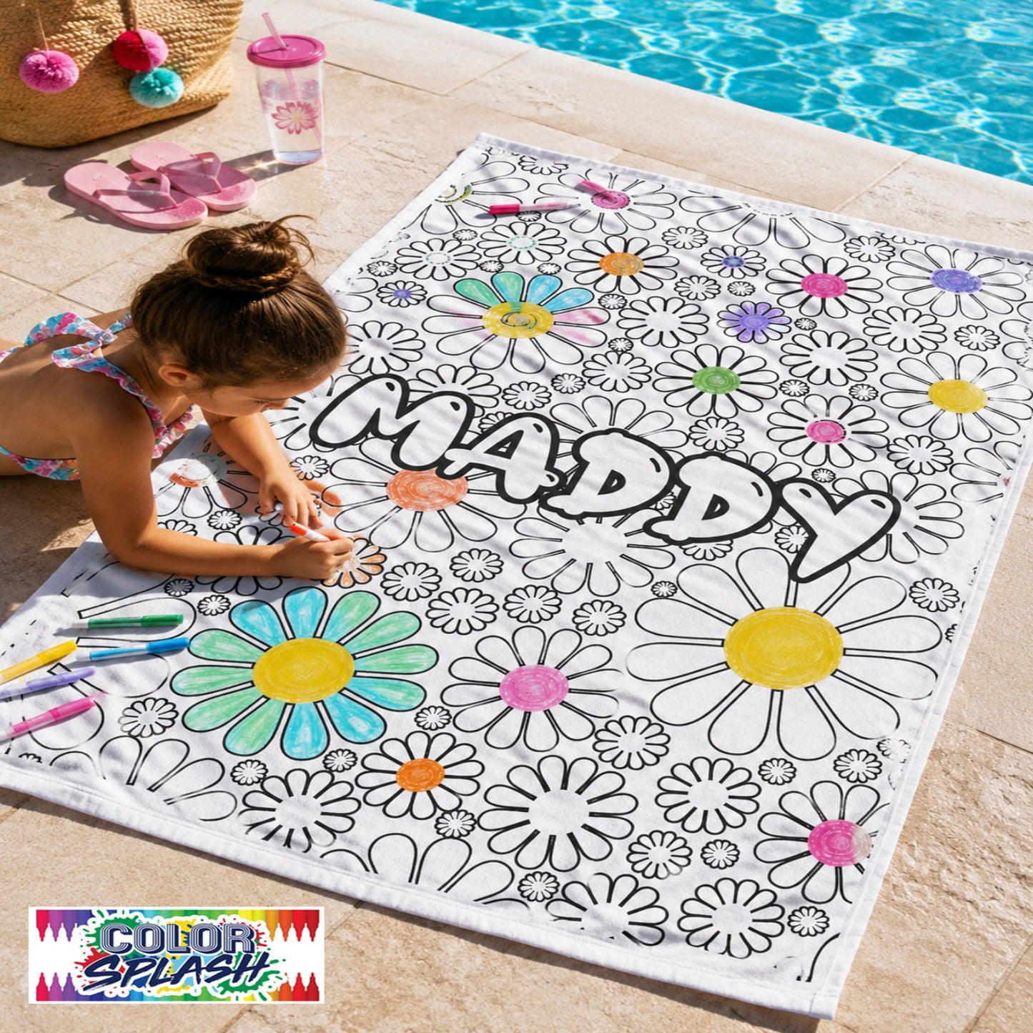 Personalized Coloring Doodle Coloring Beach Towel | Flower Design with Name | Poolside Kids Crafts | Fabric Markers | Girls Beach Day