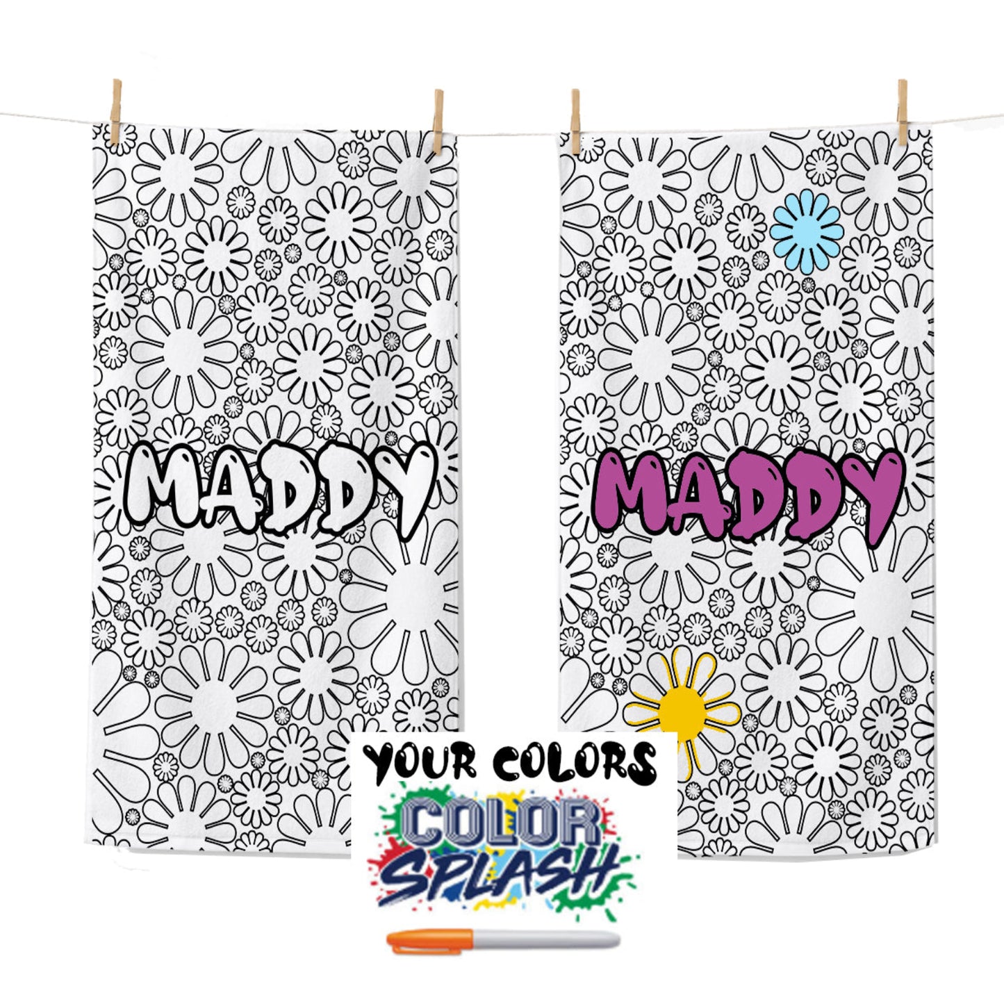 Personalized Coloring Doodle Coloring Beach Towel | Flower Design
