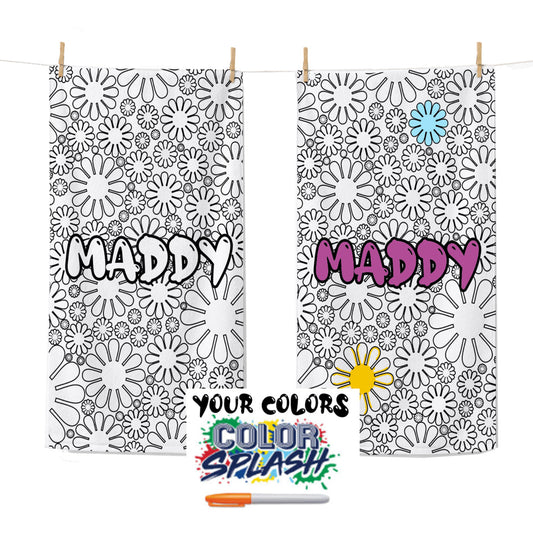 Personalized Coloring Doodle Coloring Beach Towel | Flower Design with Name | Poolside Kids Crafts | Fabric Markers | Girls Beach Day