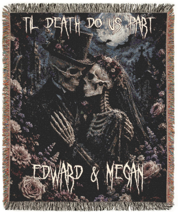 Custom Personalized Creepy Skeleton Couple Funeral Floral Halloween Blanket | Til Death Do Us Part | Spooky Throw Gift |  Spooky Decor