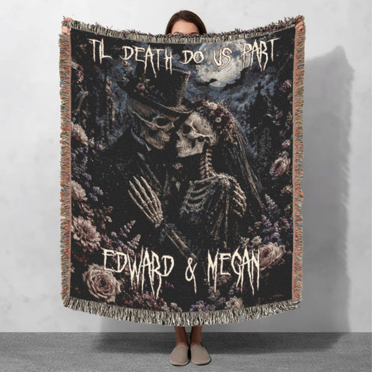 Custom Personalized Creepy Skeleton Couple Funeral Floral Halloween Blanket | Til Death Do Us Part | Spooky Throw Gift |  Spooky Decor