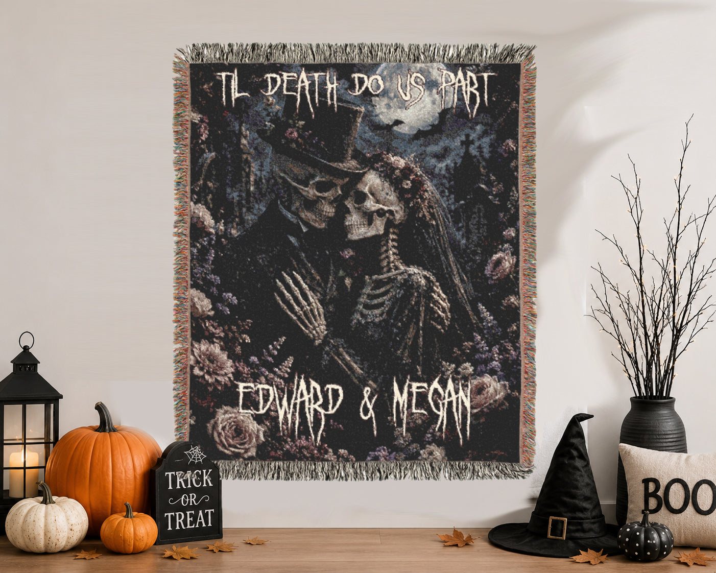 Custom Personalized Creepy Skeleton Couple Funeral Floral Halloween Blanket | Til Death Do Us Part | Spooky Throw Gift |  Spooky Decor